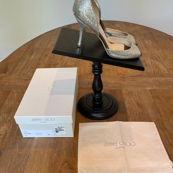 Sold : Jimmy Choo Logan Peep Toe Shimmer Metallic Champagne/Silver Heels (39 ) - Picture 6 of 15